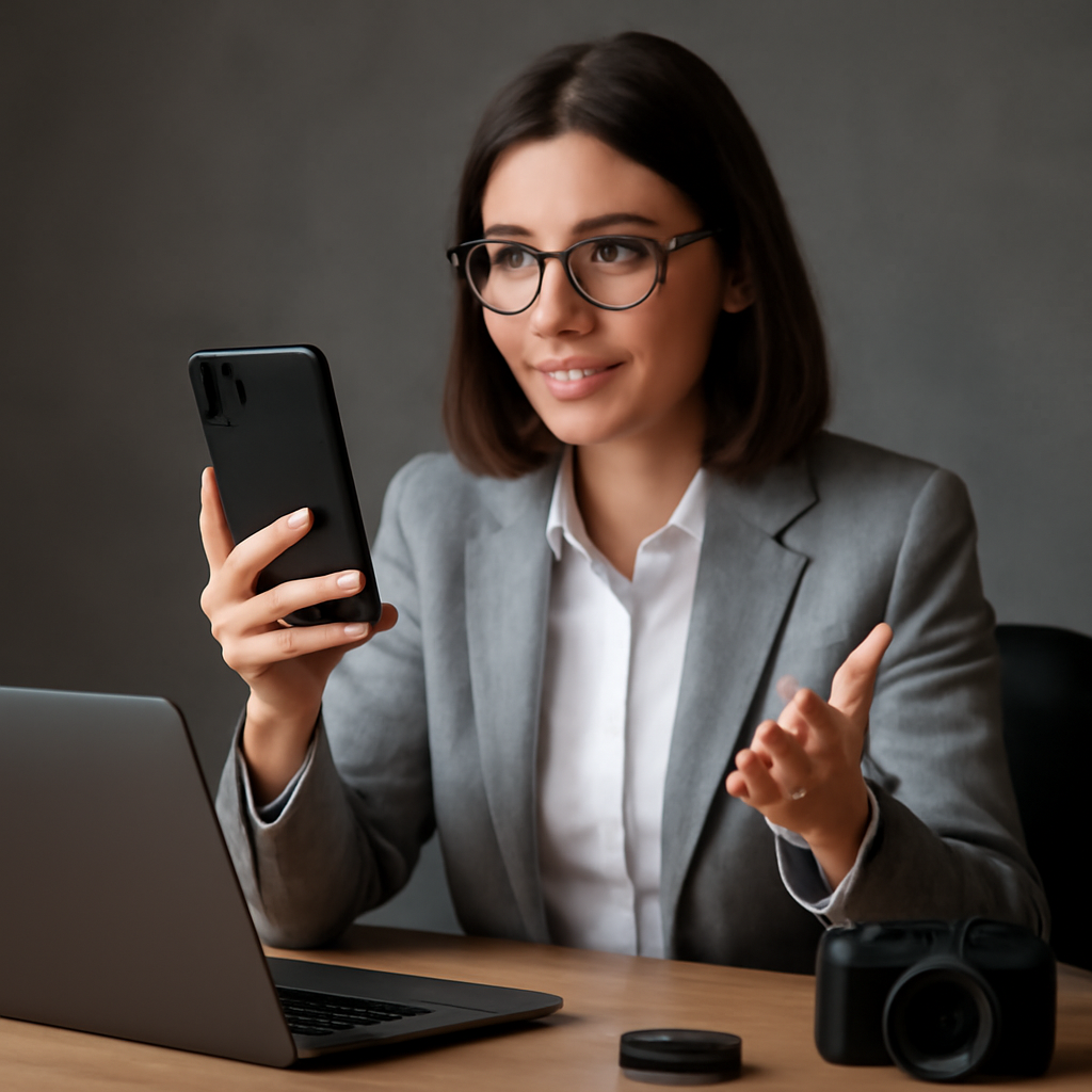Woman in a blazer holding a smartphone, smiling while sitting at a desk with a laptop and camera, illustrating high-tech gadget interaction.