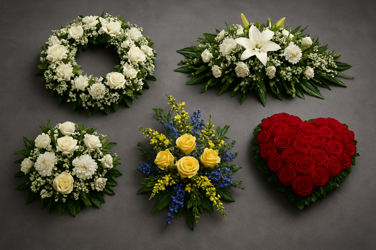Illustration for Design Types Compared: Wreaths, Sprays, Coffin Sprays, Hearts, and More related to personalized funeral floral tributes in perth