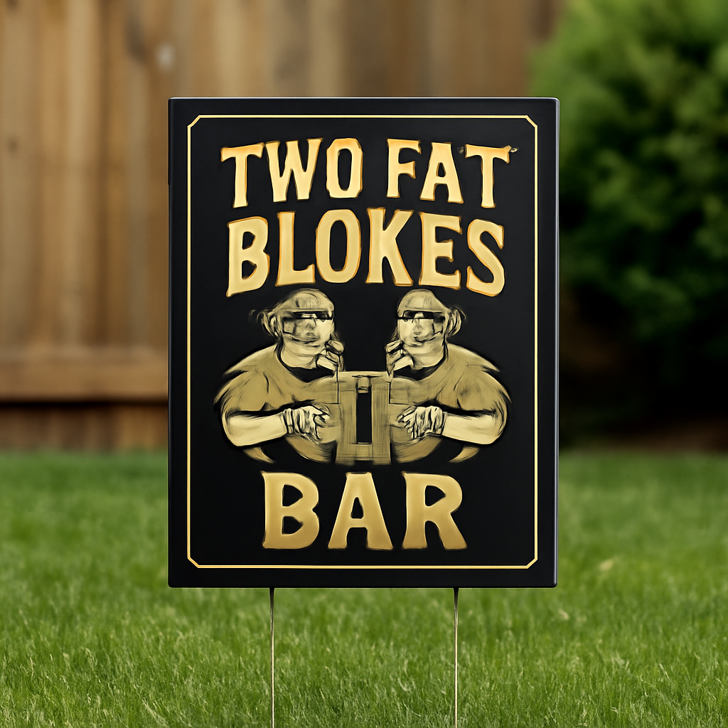 Illustration for Two Fat Blokes bar signs: Crafted Personalization for Home Pubs and Man Caves related to custom lawn signs
