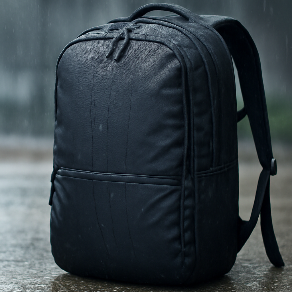 Black travel backpack in the rain, showcasing water-resistant materials and weather protection features, relevant to backpack durability and build quality.