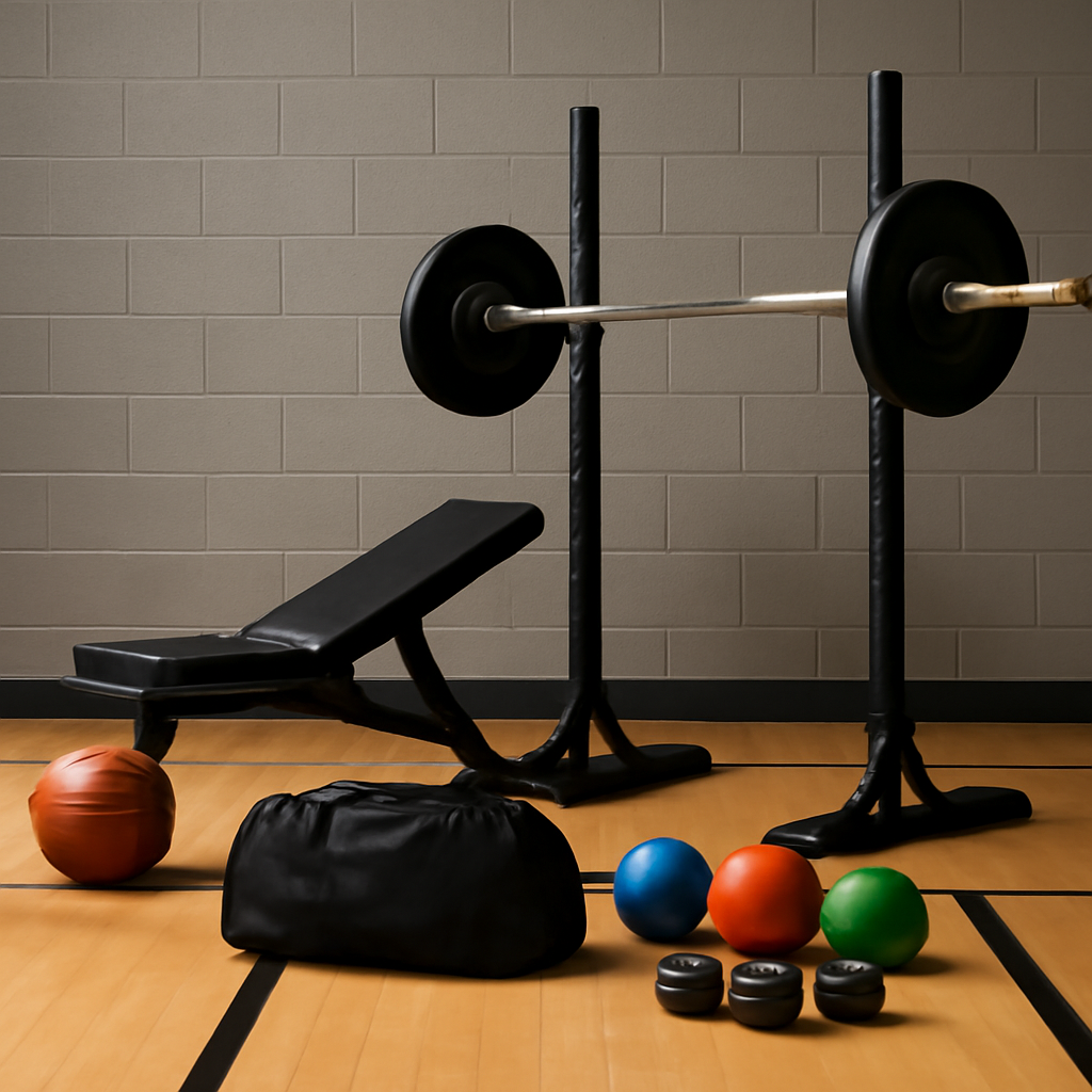 Weight bench with barbell, resistance balls in various colors, and a black duffel bag on a gym floor, illustrating modern sport equipment setups for effective training.