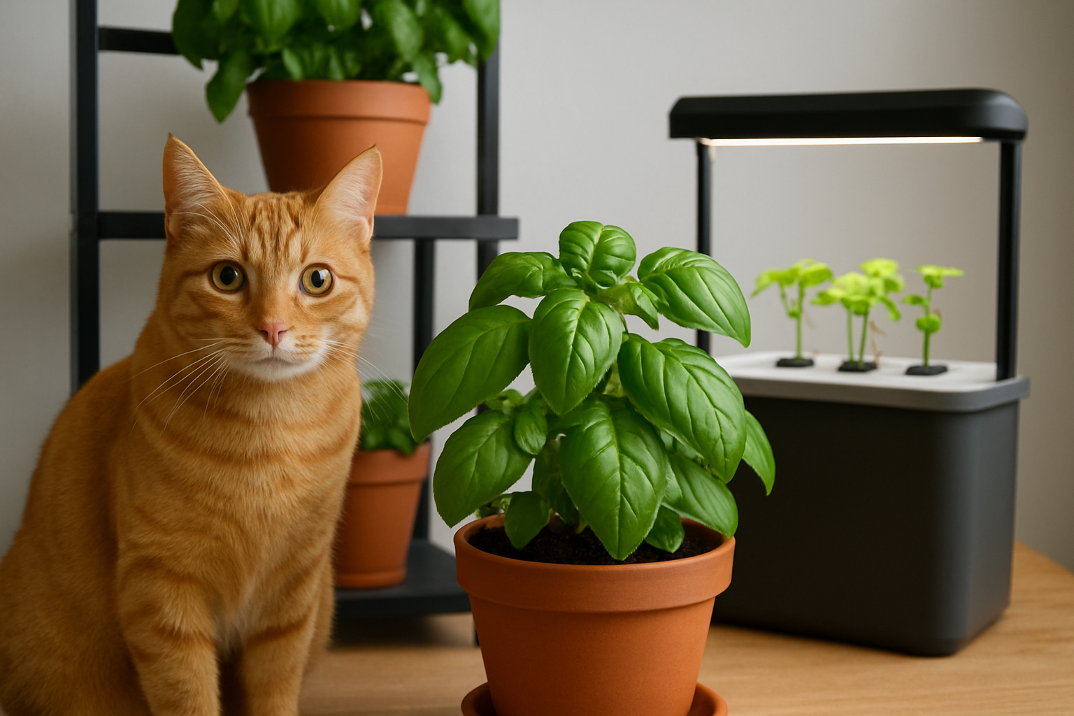 Illustration for Pet-Proof Grow Setups: Pots, Shelves, and Hydroponics related to cats and basil plants