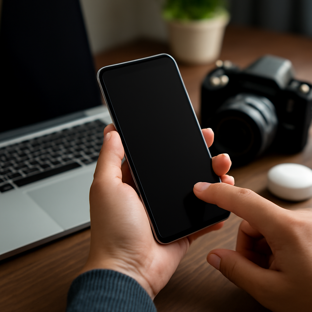 Person holding smartphone with a focus on usability in tech reviews, laptop and camera in background, illustrating modern gadget integration.