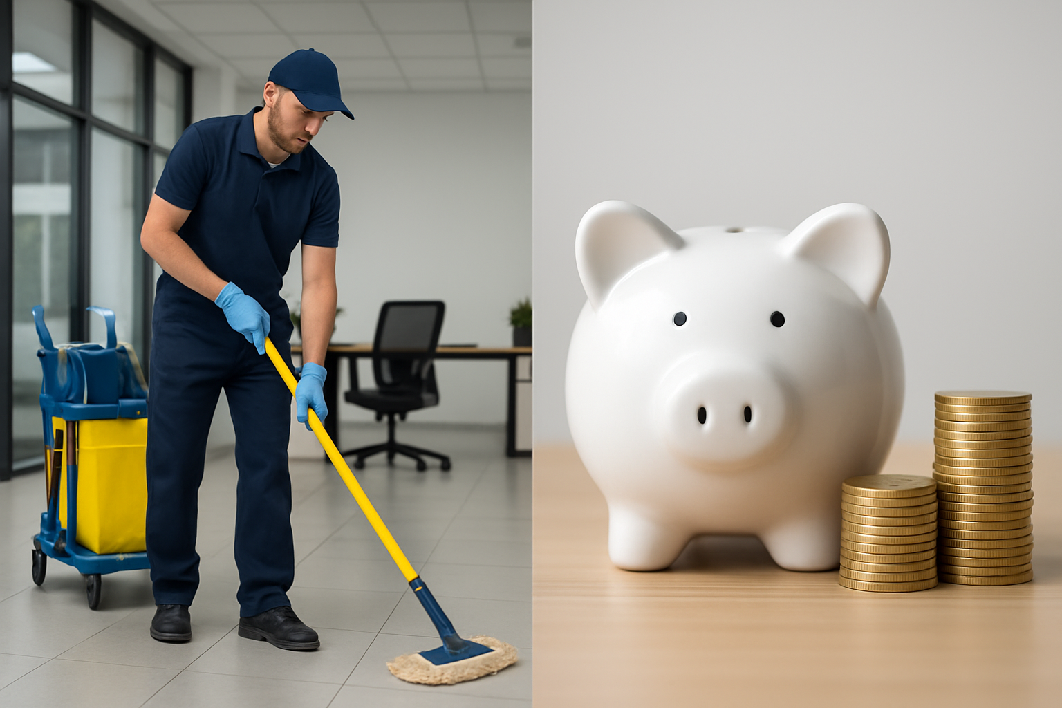 Janitorial staff cleaning office floor with mop and cleaning cart alongside piggy bank and stacks of coins, representing cost savings and improved workplace productivity.