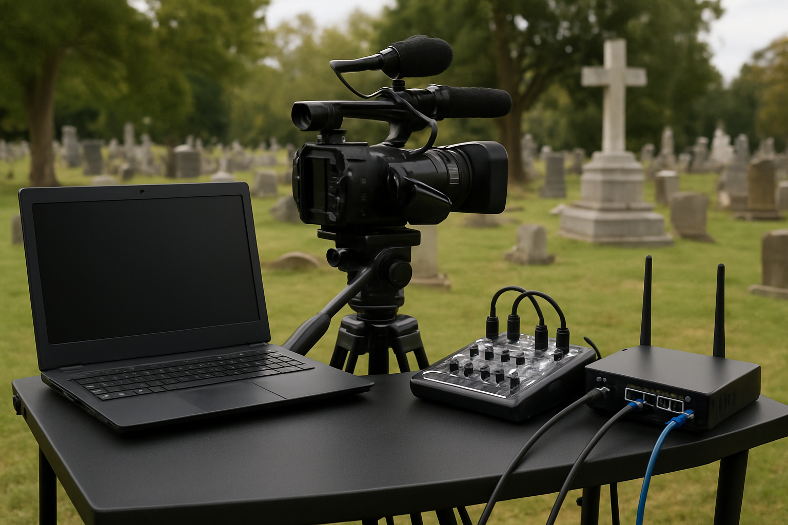 Illustration for Equipment, Audio, and Network Setup at the Cemetery related to graveside funeral live streaming brisbane