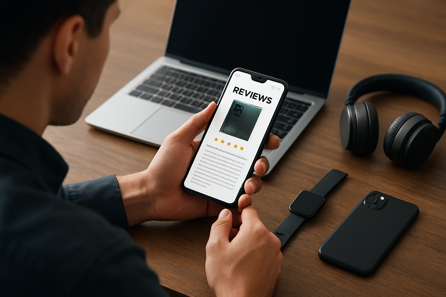 Person holding smartphone displaying gadget reviews with five-star rating, laptop, headphones, and smartwatch on wooden desk.