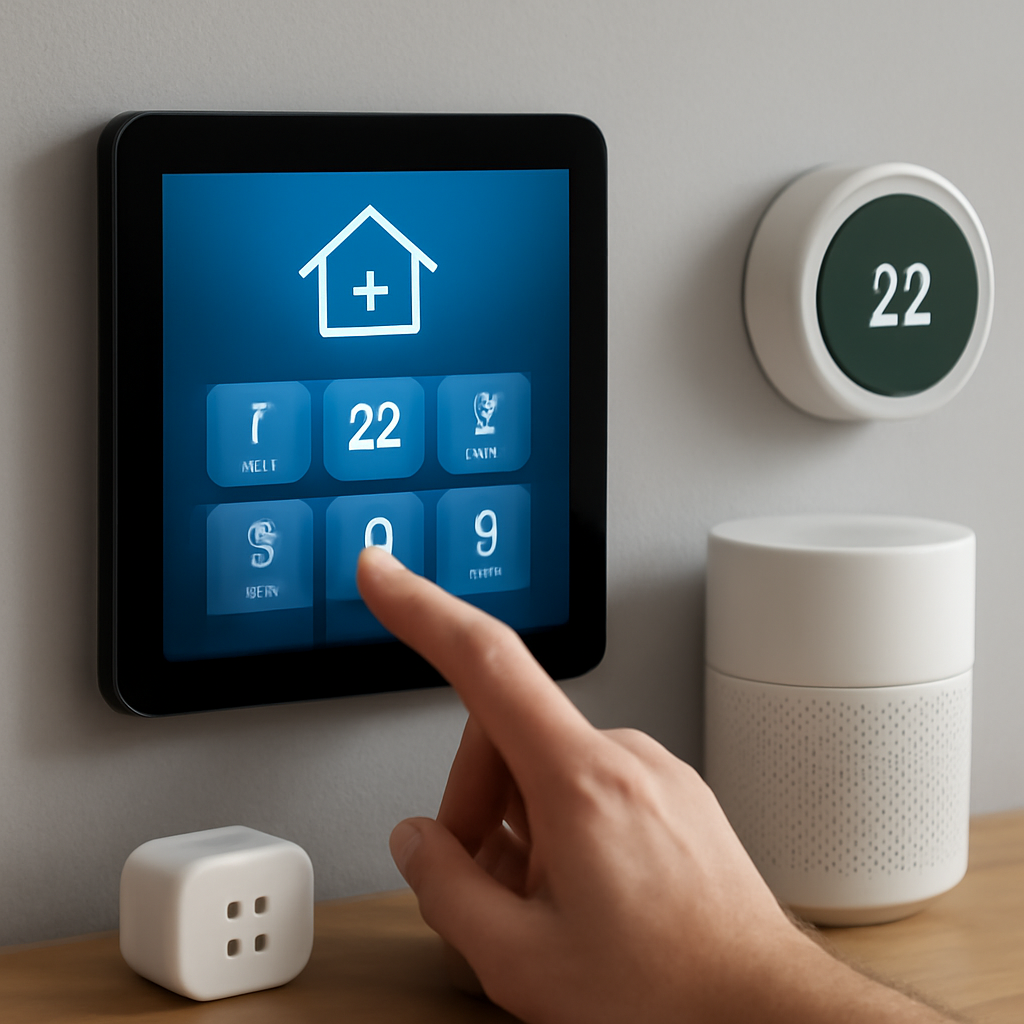 Smart home control panel with touchscreen interface, user adjusting settings, digital thermostat display, and smart speaker on a wooden surface, illustrating smart home ecosystem integration.