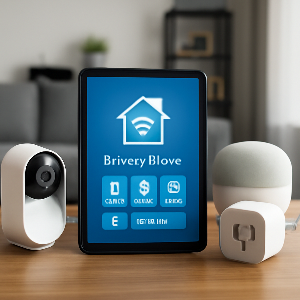 Smart home control interface with Brivery Blove logo, showcasing automation options and connected devices, including a security camera and smart speaker, emphasizing privacy, security, and reliability in smart home technology.