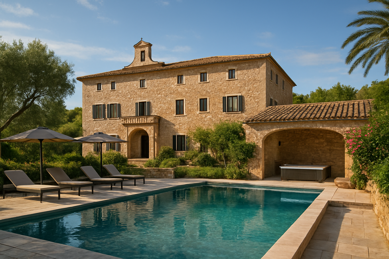 Illustration für Vila Nova Suites & Spa: historisches Herrenhaus mit moderner Wellness in Capdepera zu welchem Hotel auf Mallorca bietet Spa und historisches Ambiente?