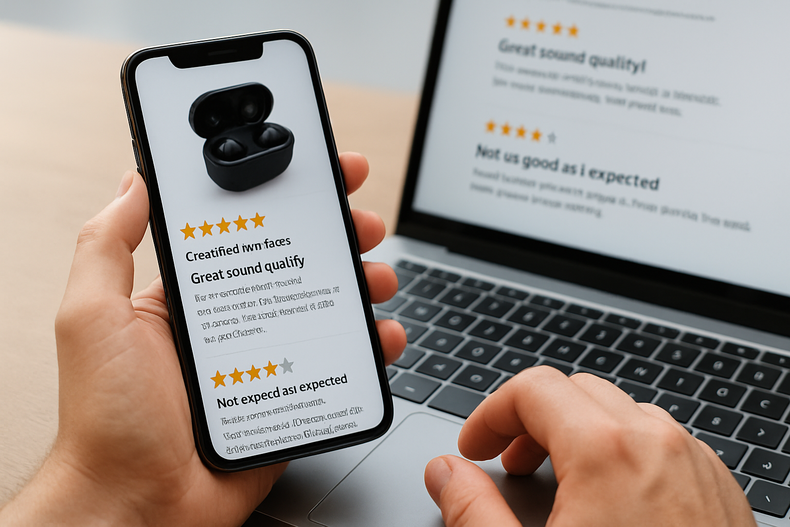 Person reviewing wireless earbuds on smartphone, displaying product ratings and user feedback, with a laptop in the background showing additional reviews.
