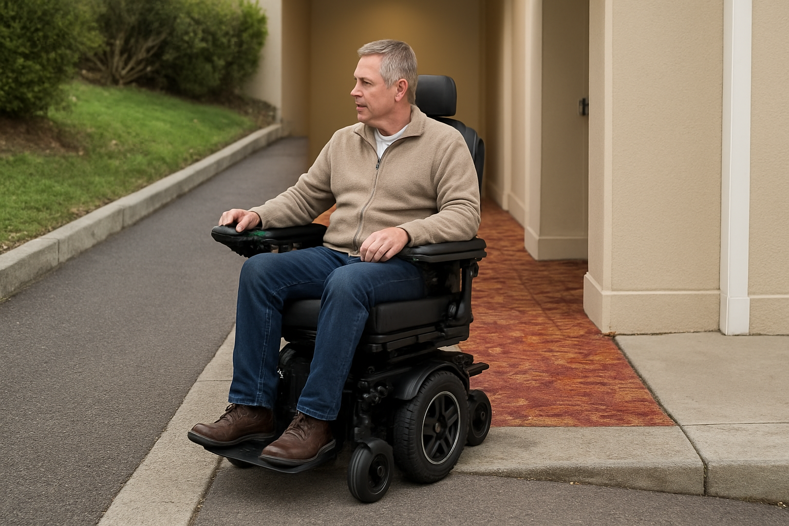 Illustration for Practical Test Drive: Hills, Carpets, Curbs, and Tight Hotel Elevators related to portable travel power chairs