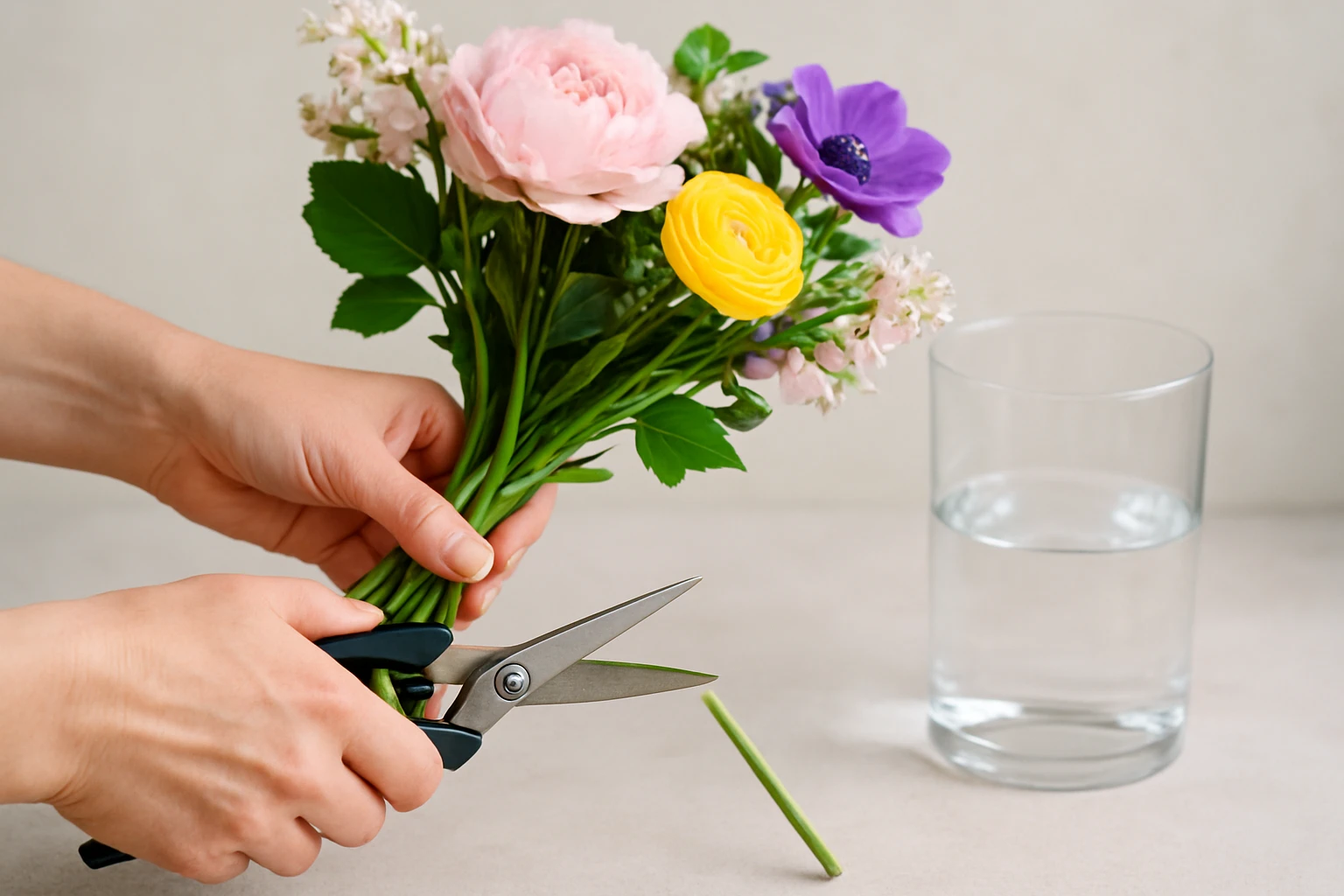 Step 2: Condition every stem before arranging - how to make fresh flower bouquets guide