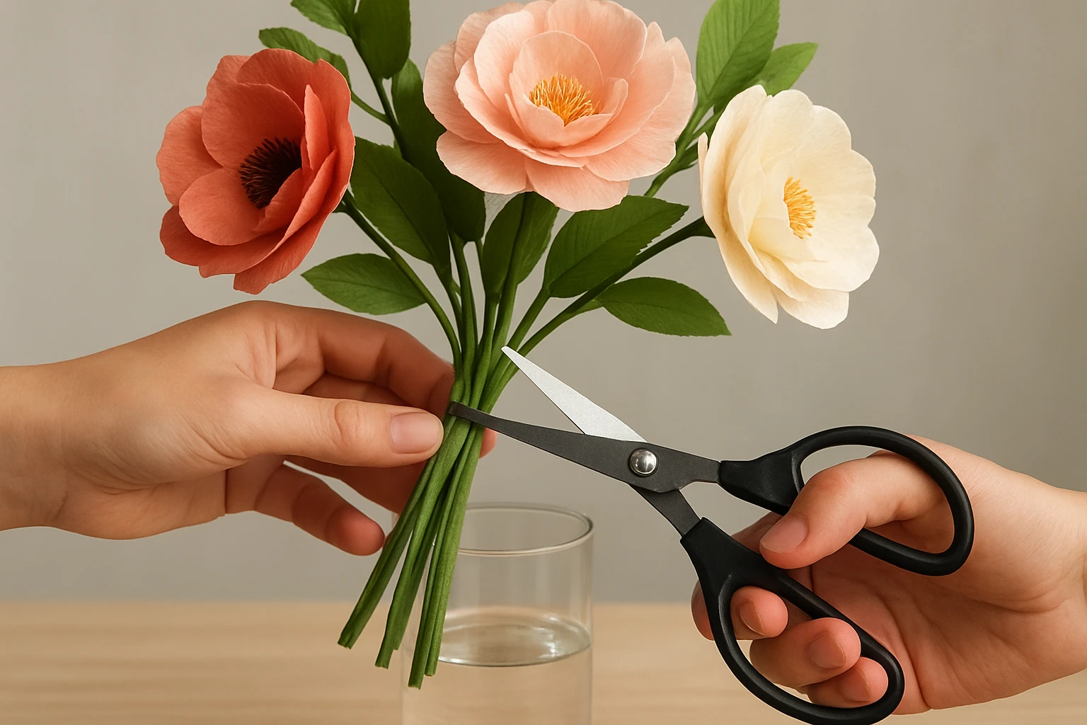 Step 2: Recut the Stems Before They Go Into Water - fresh cut paper flower bouquets guide