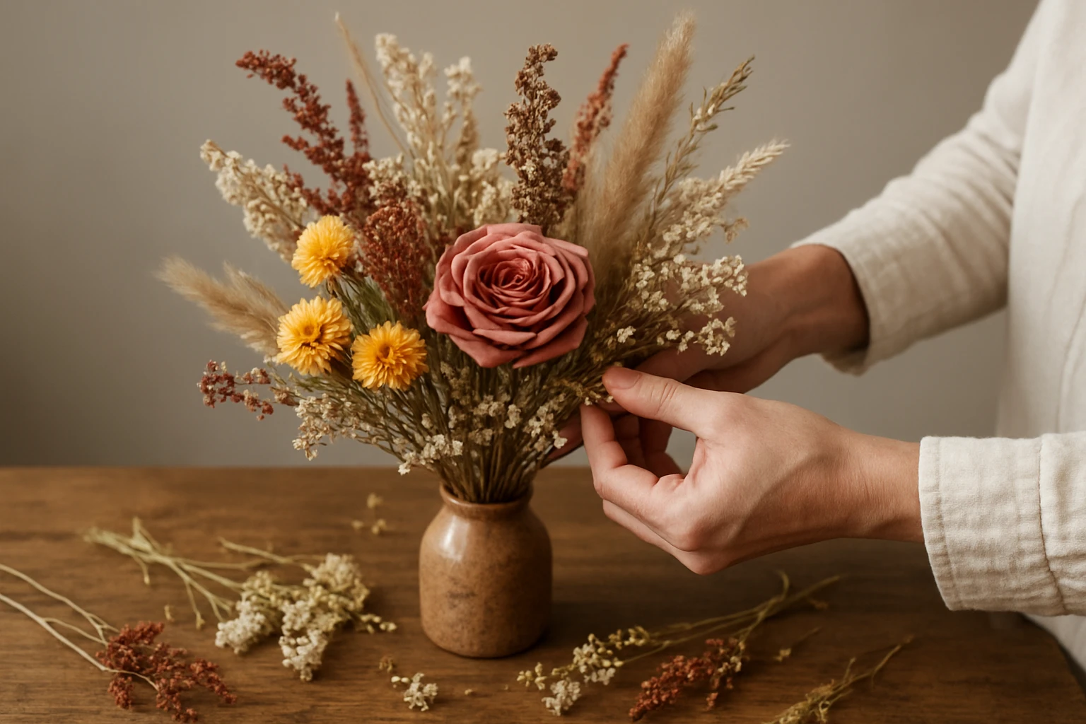 Step 4: Add focal blooms and filler stems - how to make dried flower arrangements guide