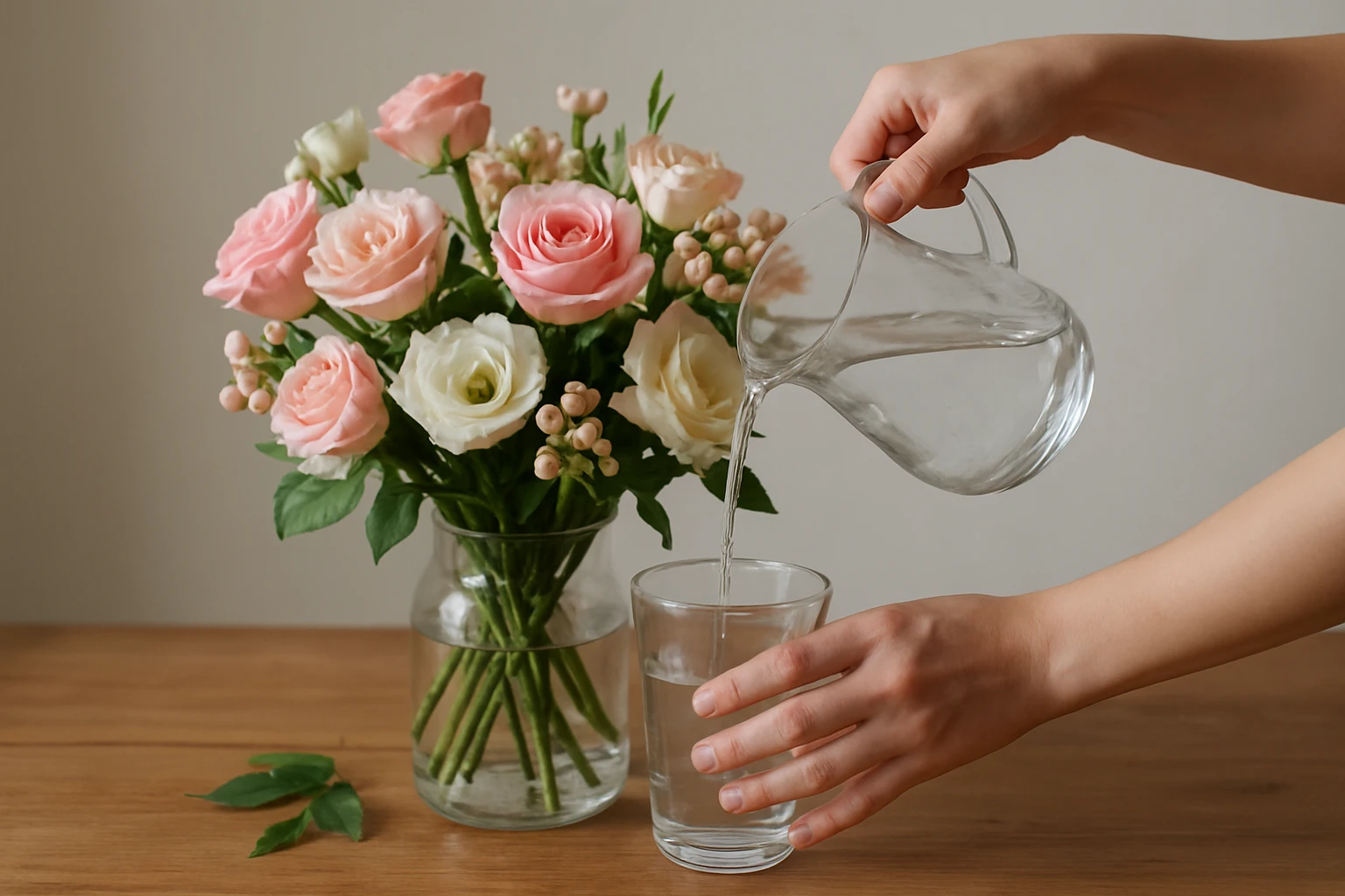 Step 5: Refresh water and tidy the arrangement daily - how to keep flower bouquets fresh guide
