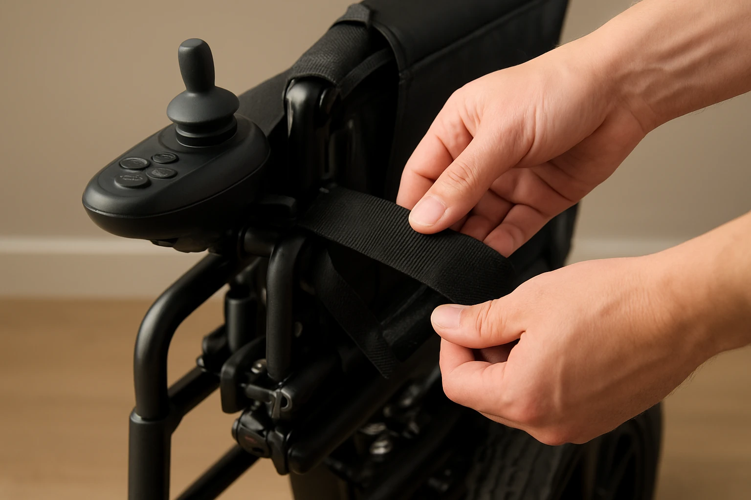 Step 5: Secure the Fold and Protect the Joystick - folding electric wheelchair frame guide